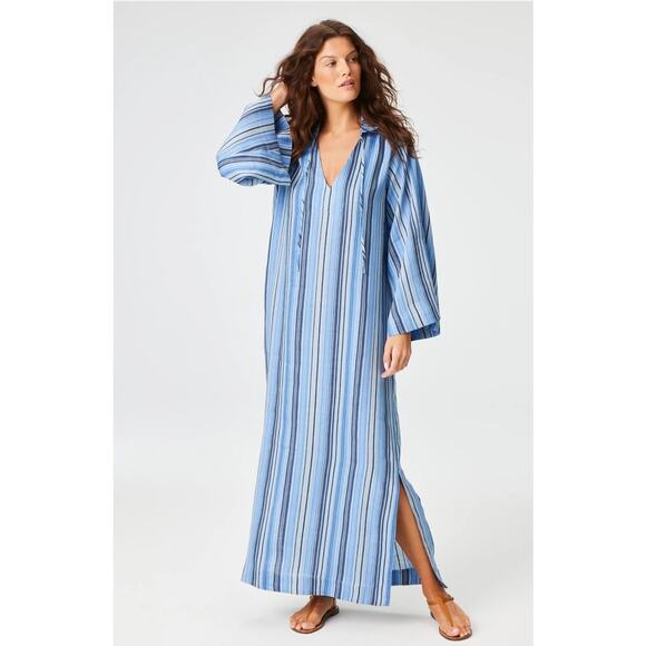 Lisa Marie Fernandez The Tunic Caftan In Sea Striped Linen Blue Maxi Dress NWT 0 - Picture 5 of 10